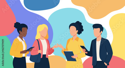 Diverse business professionals collaborating and communicating in a vibrant, modern setting, symbolizing teamwork, technology, and connection.