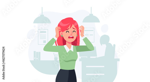 Stressed businesswoman in an office, overwhelmed by work pressure. Concept of burnout, anxiety, and demanding professional life.