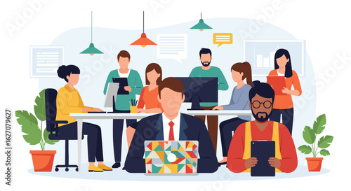 Diverse professionals collaborate in a vibrant, modern office environment, fostering teamwork and productivity. Ideal for business, technology, and corporate concepts.