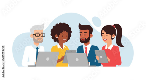 Diverse business professionals collaborate in a modern office setting, utilizing laptops and tablets for teamwork and communication. Ideal for concepts of innovation and success.