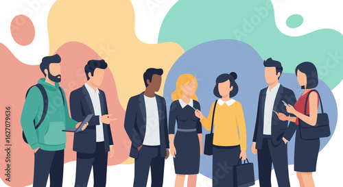 A diverse group of professionals and young adults stand together, symbolizing collaboration, networking, and modern communication in a vibrant setting.