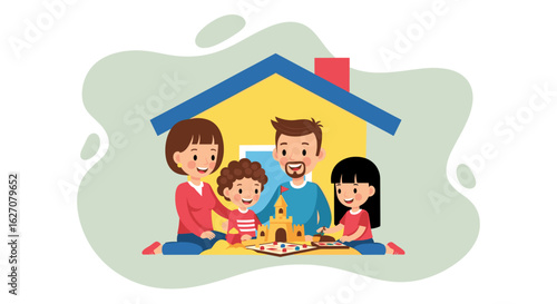 Happy family playing with sand indoors, building a castle together. Symbolizes home, safety, security, and cherished family moments.