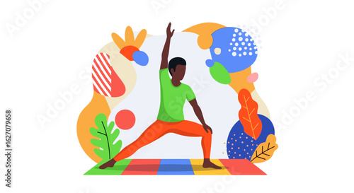 An expressive illustration of a man practicing yoga on a mat, promoting wellness, health, and mindful living. Ideal for fitness and lifestyle content.