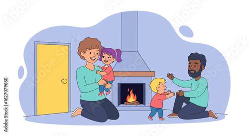 Happy family enjoying cozy moments at home by the fireplace. Parents playing with their children, illustrating love, warmth, and togetherness. Ideal for lifestyle and family concepts.