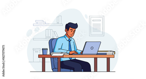 Professional man working diligently on his laptop at an office desk, illustrating productivity, business operations, and remote work efficiency.