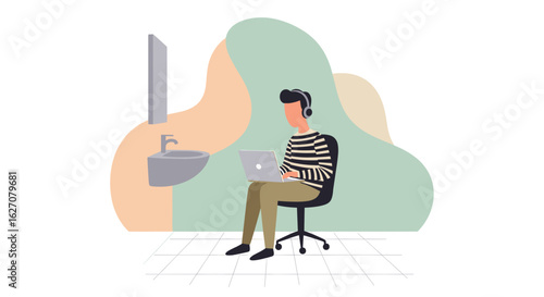 Person with headphones working on laptop in a relaxed setting, blending work and lifestyle. Ideal for remote work, digital nomad, or flexible office concepts.