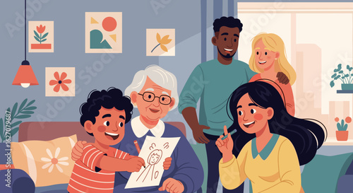 Happy multi-generational family drawing together at home. Joyful bonding, creativity, and intergenerational connection. Perfect for family lifestyle and education.