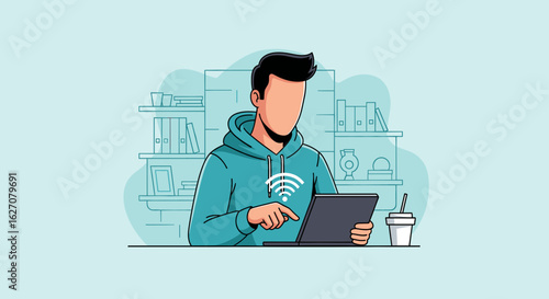Person with laptop and Wi-Fi symbol, representing remote work, digital connectivity, freelancing, or online education.