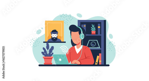 Person in headphones on a laptop video call, connecting remotely. Ideal for remote work, online communication, and distance learning concepts.
