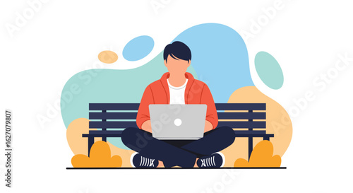 Young person on park bench using laptop, ideal for remote work, online learning, or digital lifestyle concepts showcasing modern productivity and flexibility.