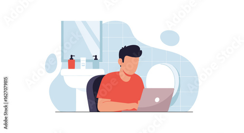 Young man focused on his laptop while in the bathroom, representing remote work, multitasking, and informal productivity habits.