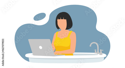 Professional woman finds comfort working remotely from a bathtub with her laptop. Depicts work-life balance, flexibility, and modern home office concepts.