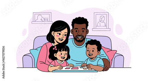 Happy diverse family enjoying quality time together at home, playing a game. Depicts joyful parenting, childhood, and strong family bonds.