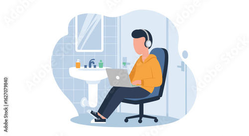 Person focused on laptop with headphones, working remotely from an unconventional space like a bathroom, symbolizing flexible work or modern challenges.