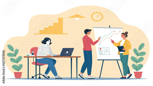Team members collaborate in a modern office, analyzing data and discussing strategy on a whiteboard, embodying business productivity and growth.