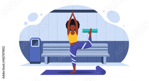 African American woman practicing yoga in a serene tree pose at a train station, embodying peace, balance, and mindful urban living.
