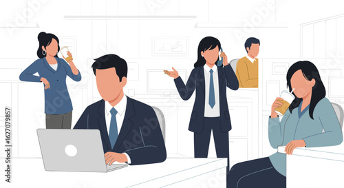 Dedicated business professionals working and communicating in a productive modern office environment, illustrating teamwork and daily operations.