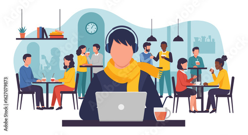Focused individual working on laptop with headphones in a bustling cafe, representing remote work, digital lifestyle, and productivity.