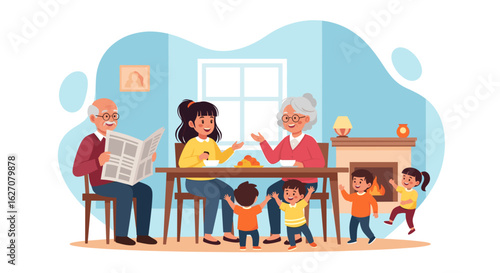 Multi-generational family enjoying a warm, happy moment at home. Grandparents, mother, and kids share joyful daily life, embodying family values.