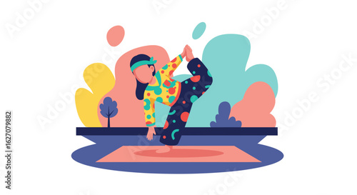 Vibrant illustration of a person practicing yoga outdoors, demonstrating balance and flexibility. Ideal for themes of wellness, active lifestyle, and mental well-being.