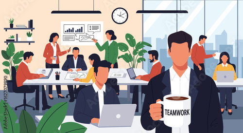 Diverse business professionals collaborate efficiently in a modern office environment, emphasizing teamwork and shared success. Ideal for business, corporate, and productivity concepts.