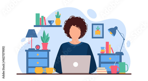 Person works productively on laptop at a cozy home office desk, surrounded by books and plants. Ideal for remote work, study, or online learning concepts.