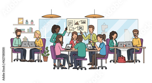 Diverse business team actively collaborating in a modern office meeting, discussing strategies and analyzing data for growth.