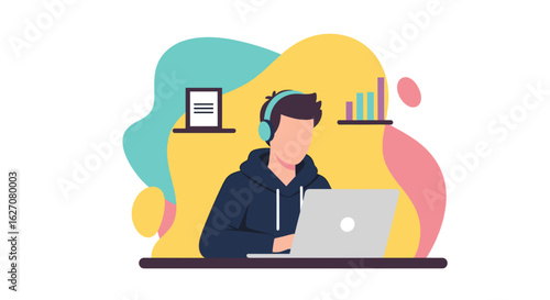 Focused individual working on laptop with headphones, illustrating online learning, remote work, digital business, and productivity.