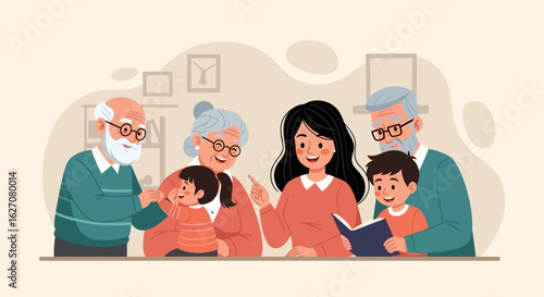 Happy multi-generational family bonding together, with grandparents, parents, and children creating cherished memories at home. Ideal for lifestyle and education concepts.