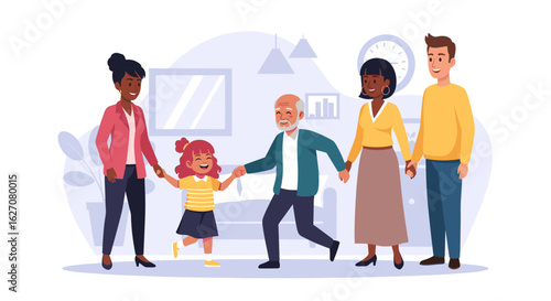 Joyful multi-generational family, including grandparents and parents, holding hands and smiling indoors. Depicts love, togetherness, and support.