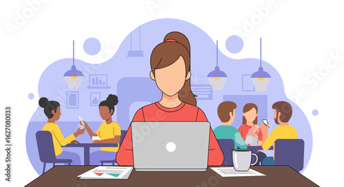 Woman focused on her laptop, working remotely in a lively cafe. Represents modern flexible work, freelance life, and productivity.