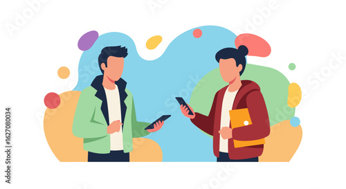 Two people exchanging information digitally with smartphones and a folder. Modern communication, collaboration, and lifestyle concept.