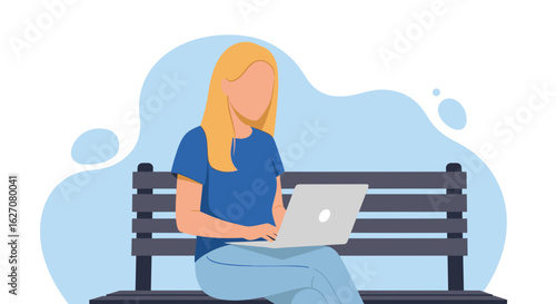 Young woman working remotely on a laptop outdoors on a park bench. Ideal for concepts of freelance, digital nomad lifestyle, and flexible work.