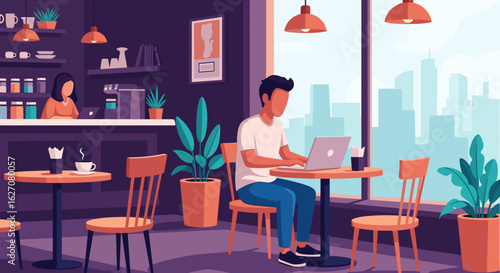 Man focused on laptop in a vibrant cafe, city skyline in background. Represents remote work, freelance lifestyle, productivity, and modern urban living.