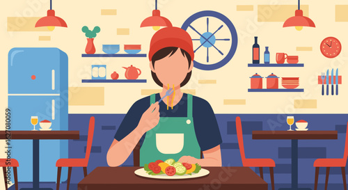 Illustration of a person enjoying a fresh salad at a vibrant restaurant or kitchen. Ideal for healthy eating, food service, or lifestyle content.