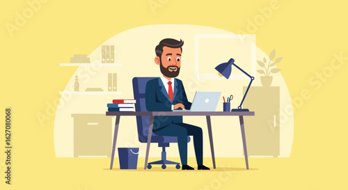 Smiling bearded businessman in a suit working diligently on his laptop at an office desk. Represents productivity, remote work, and professional success.