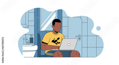 Person using a laptop in a bathroom, symbolizing remote work, work-life integration, productivity, and the flexibility of modern employment.