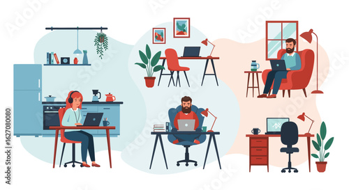 Diverse people working remotely from home in comfortable settings, illustrating modern work flexibility, productivity, and a balanced lifestyle.