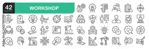 Workshop line icon set. The set contains icons as Seminar, Business Convention, Business Conference, Vendors, Business People, Audience, Attendees, Presenter, and more.