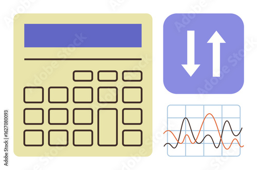 Calculator alongside arrows indicating increase and decrease, and a line graph with fluctuations. Ideal for finance, budgeting, economics, analysis, statistics, decision-making, simple flat metaphor