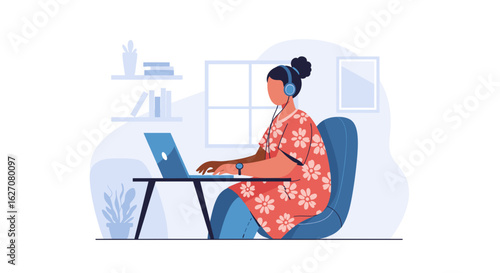 A focused woman in headphones works diligently on her laptop from a modern home office, representing remote work, online learning, or digital productivity.