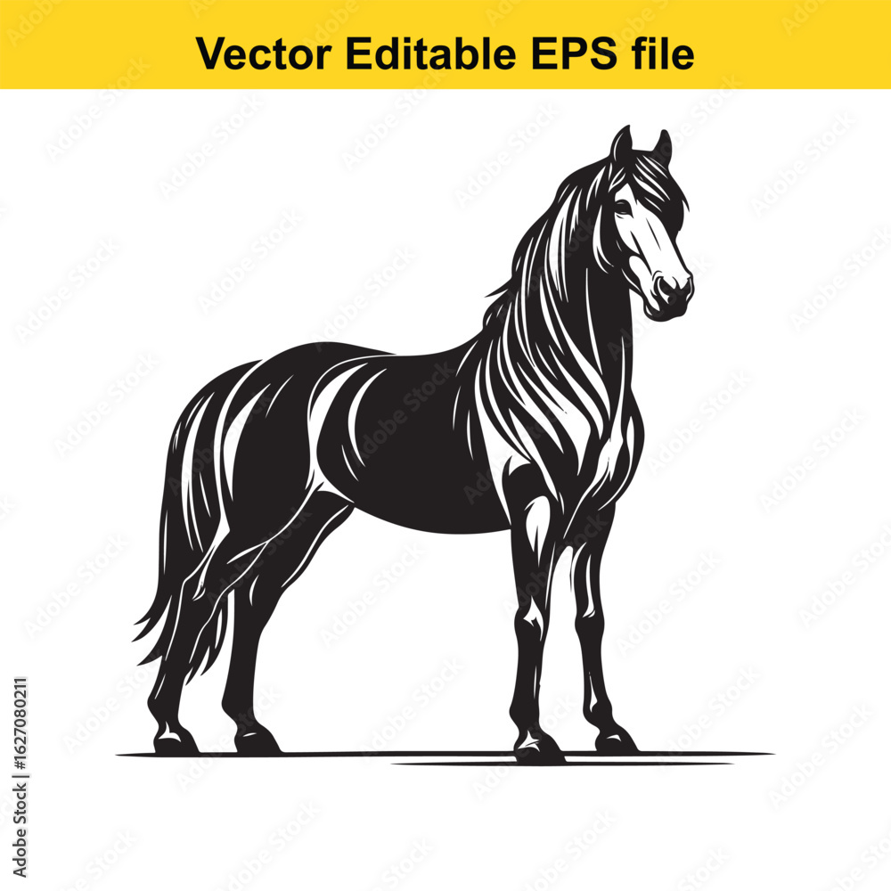 Fototapeta premium Vector art of black horse silhouette isolated on white background long horn, , long horn