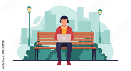 Individual working remotely or studying on a laptop in a city park, wearing headphones. Ideal for themes of flexible work, education, or leisure.