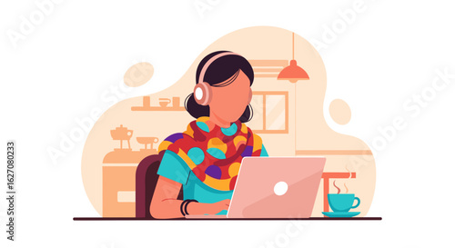 Focused person with headphones uses a laptop, representing remote work, online learning, and digital communication. Ideal for business, technology, and lifestyle concepts.