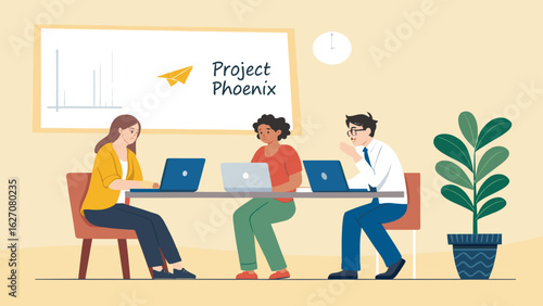 Diverse team collaborating on a business project in a modern office, utilizing laptops for strategic planning and efficient communication.