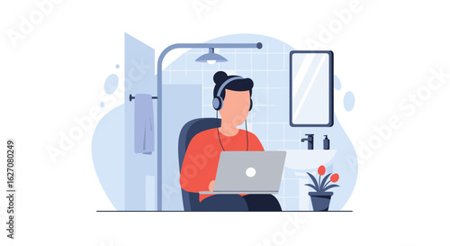 Person working remotely on a laptop with headphones in a unique bathroom setting, symbolizing flexible work arrangements, home office, and connectivity.