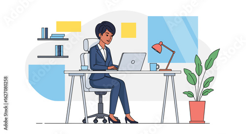 Professional woman focused on her laptop at a modern office desk. Ideal for concepts of remote work, business productivity, and career success.