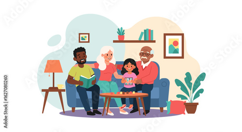 Happy multi-generational family enjoying a relaxed evening at home. Parents, child, and grandparents share activities, symbolizing family bonding and togetherness.
