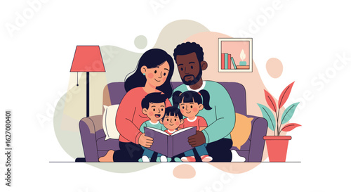A loving, diverse family enjoys reading a book together on a sofa in their cozy home, symbolizing bonding, education, and happy domestic life.