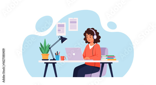 Smiling woman in headphones working remotely on a laptop at her desk, surrounded by office essentials. Ideal for concepts of work from home, online education, and digital lifestyle.
